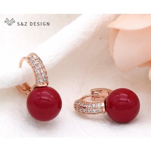 S&Z DESIGN Fashion Round Simulated Pearl Dangle Earrings For Women Party Jewelry Rose Gold Circle Cubic Zirconia Drop Earrings