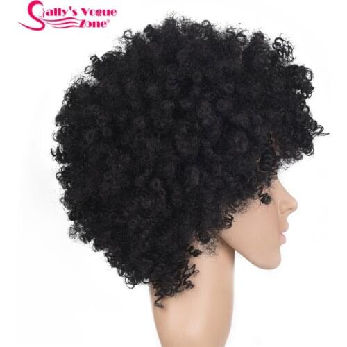 Sallyhair High Temperature Black Afro Synthetic Wigs Kinky Curly Natural Black Color Short Synthetic America Wig Average Size