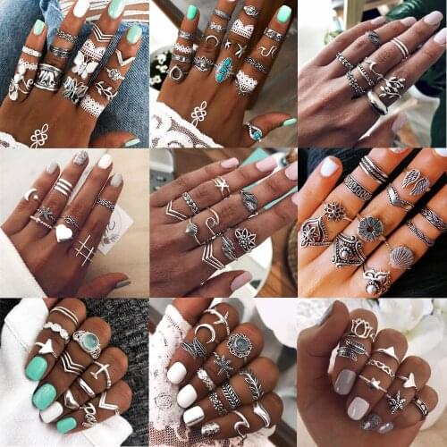 Tocona 13 Style Vintage Sivler Lotus Flowers Heart Rings Sets for Women Men Moon Wave Butterfly Geoemtric Wedding Ring Anillo