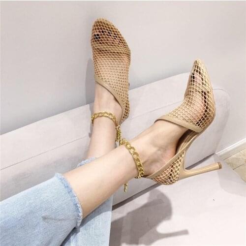 2021 New Summer autumn sexy mesh pumps female pointed toe high heels chain stiletto hollow party dress pumps shoes apricot black
