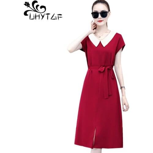 UHYTGF wholesale dresses for women Korean fashion chiffon summer dress Solid color lapel bandage loose 4XL plus size dress 1695