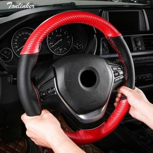 Tonlinker PU Leather+Carbon fiber Universal Car Steering-wheel Cover 38CM Car-styling Sport Auto Anti-Slip Steering Wheel Covers