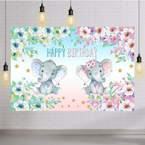 Boy Girl Birthday Party Elephant Animal Flower Backdrop Vinyl Newborn Baby Shower Photography Background for Photo Studio Shoot
