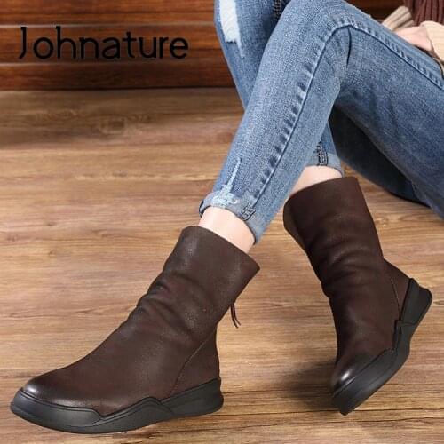 Johnature Genuine Leather Ankle Boots Women Shoes 2021 New Autumn Winter Retro Zip Round Toe Flat With Sewing Platform Boots