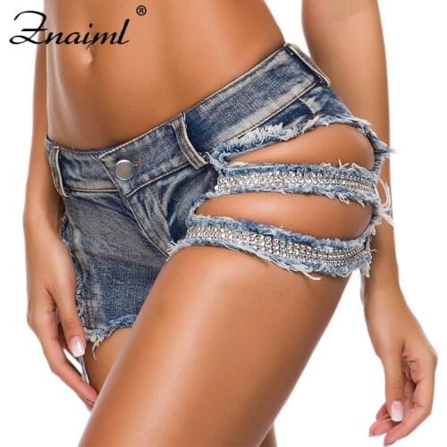 Znaiml Women Booty Shorts Skinny Low Waist Sexy Mini Jeans Short Rhinestone Side Hole Slim Female Denim Hotpants For Party 2021