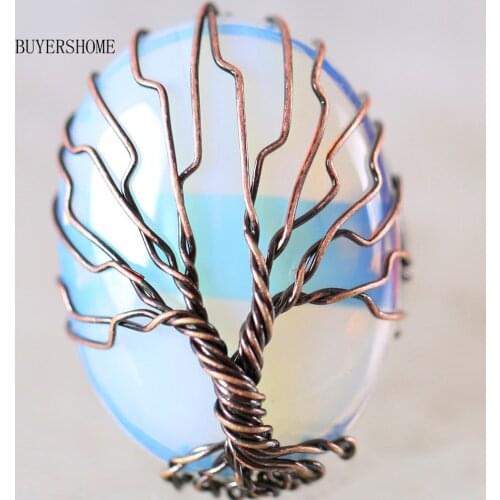 Free Shipping Copper Wrapped Tree of Life Oval Bead Natural Stone White Opal Finger Ring 1Pcs Adjustalbe 7-9 Z006