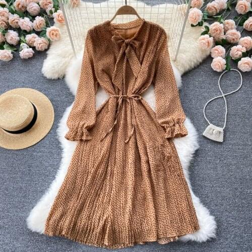 Croysier Dresses For Women 2021 Elegant Vintage Casual Midi Dress With Belt Tie Bow Collar Long Sleeve Pleated Chiffon Dress