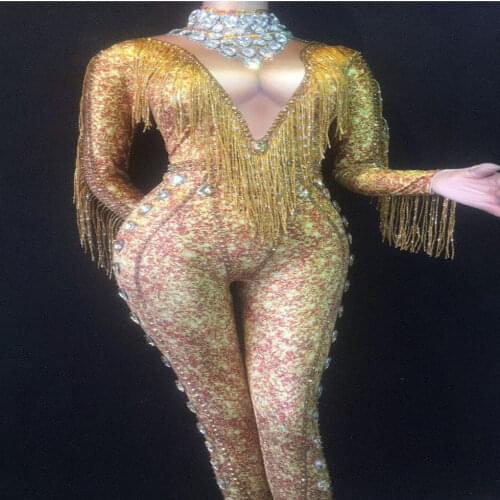 DJ singer star stage model banquet runway show gold jumpsuit dress tassels women sexy leotard costume with diamond