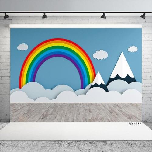 Indoor Rainbow Cloud Wall Wooden Floor Photography Backgrounds Baby Shower Children Photography Backdrops Props For Photo Studio