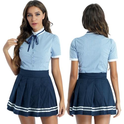 2pc Summer Student Uniform Women Schoolgirl Cosplay Costume Outfits Short Sleeve Bowknot Button Down Striped Shirt Pleated Skirt