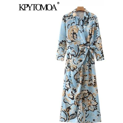 KPYTOMOA Women 2021 Fashion With Bow Tied Totem Print Wrap Midi Shirt Dress Vintage Long Sleeve Pockets Female Dresses Mujer