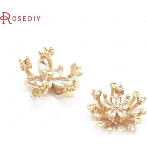 6PCS 15MM 17MM 24K Champagne Gold Color Brass and Zircon No Hanging Hole Flower Jewelry Making Supplies Findings Accessories