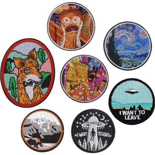 Outer Space Patches Iron on Patches for Clothing Stripes Cartoon Oil Painting Badge Embroidered Patches for Clothes DIY Applique