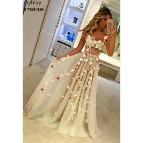 2020 New Elegant White Stickers Sexy Skirt Evening Dresses Hand Made Flower Sweetheart Straps Crystal Lace Applique Tulle Prom