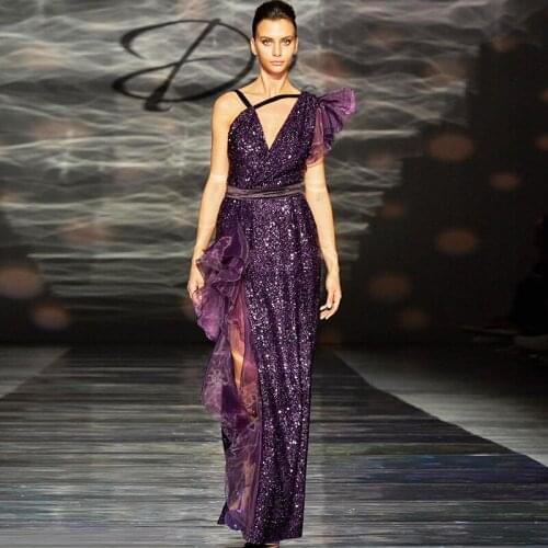 Elegant Purple Sequins slit Long Dress Sexy One Shoulder Ruffles Design Celebrity Party Club for women designer dresses runway