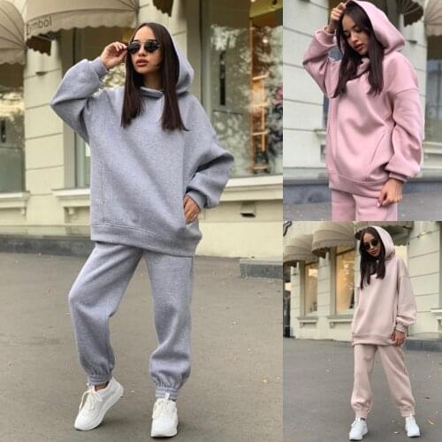 Solid Womens Set Hooded Sweatshirt Jogger Pants Suit Tracksuit Matching Two Piece Set Autumn Winter Casual Outfits