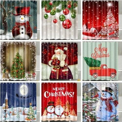 Christmas Shower Curtain Merry Xmas Eve Fireplace Gifts& Red Socks New Year Holiday Bathroom Polyester Waterproof Happy New Year