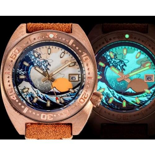 Sapphire Crystal Turtle Diver Watch Mens Carve Bronze Case Kanagawa Luminous Dial 200M Water Resistance NH35 Automatic Movement