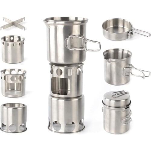 Outdoor Stove Stainless Steel Wind-proof Wood Stove Portable Hiking Camping Stove Heating Stove Oven Stove Pot Set Accessories