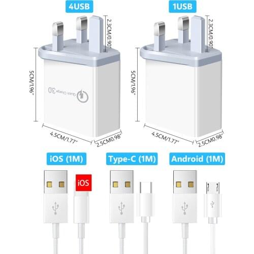 5V 2.4/3A 1/4USB UK Plug Charger Quick Charge 3.0 Fast Charging Wall Adapter For IPhone Xiaomi Samsung Mobile Phone Charger