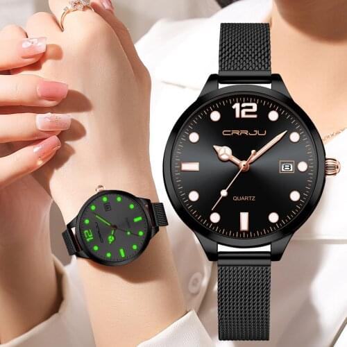 Woman Watch CRRJU Ladies Fashion Luxury Luminous Quartz Waterproof Watch Black Mesh Strap Ladies Dress Watch relogio feminino