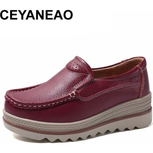 CEYANEAO Genuine leather moccasins for women flat shoes slip on platform sneakers light 5 colors ladies height increasing thick