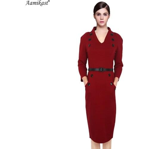 AAMIKAST Autumn Winter Women Dresses Vintage New Fashion Elegant With Button Business Maxi Pencil Dresses