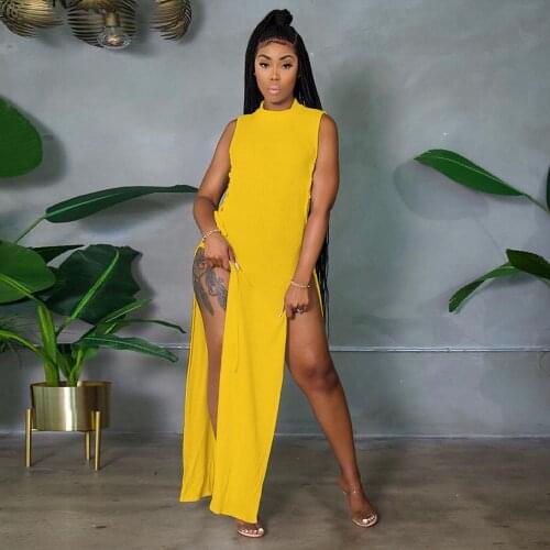 Black/white/yellow Ribbed Stretchy Boho Long Dress Women Side Lace Up Hollow Split Beach Dress Summer Holiday Knitted Robe Femme