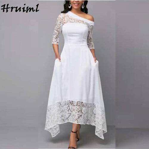 Wholesale Item Long Dress 3/4 Sleeve Off The Shoulder Lace Patchwork White Dress Evening Party Club Nightwear A Line Woman Dress