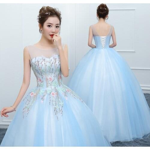 New sky blue long sweat lady girl women princess bridesmaid banquet party ball dress gown