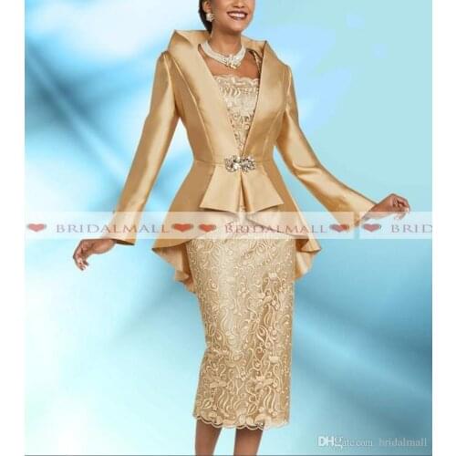 Plus Size Gold Mother Of The Bride Dresses With Jacket Elegant Tea Length Long Sleeve Wedding Guest Dress Formal Evening Gowns