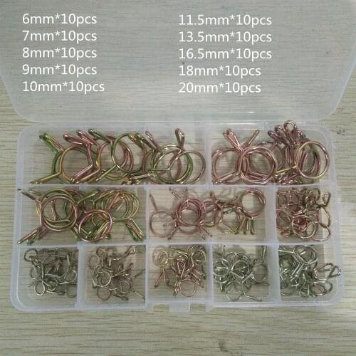 100pcs Hose Clamp High Quality Zinc Plated Spring Clips Gear Hose Fuel Line Clamp for Boats ATVs Motorcycles with Storage Box