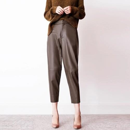 2021 Spring 100% Natural Leather Trousers Women Genuine Sheepskin Harem Pantalon Femme Black/Brown/Khaki Casual Cargo Pants