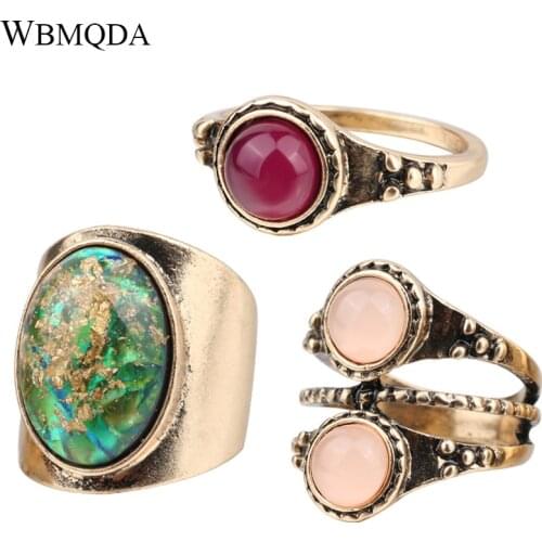 3 Pcs/lot Vintage Big Colorful Stone Midi Knuckle Rings Turkish Antique Gold Ring Set Bohemian Jewelry Gifts For Women