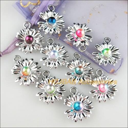 30Pcs Dull Silver Plated Daisy Flower Colored Acrylic Charms Pendants 20.5x24mm