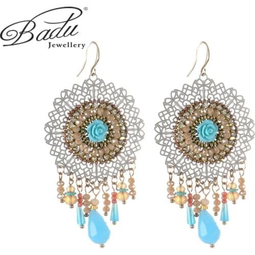 Badu Lady Blue Tassel Pendant Earrings Boho Style Colorful Metal Leaf Hollow Design Rose Temperament Jewelry Girl Banquet Gifts