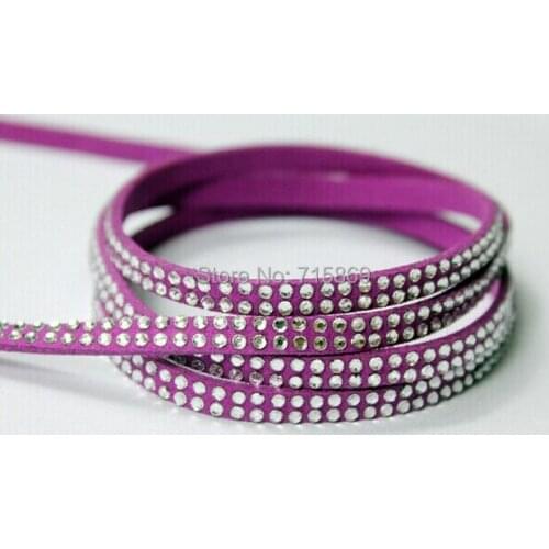 Free Ship 100 Meters Violet Flat Faux Suede Leather Lace Cord Golden Yellow 5 x1.5mm Siver Rivet Clear Stone