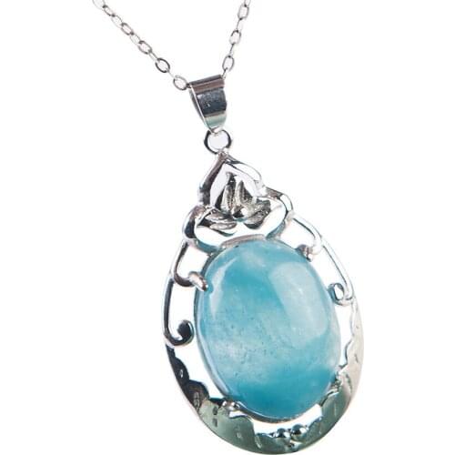Free Shipping Genuine Natural Ocean Blue Gems Stone Round Crystal Bead Stering Sliver Lady Pendant Popular Sliver Stone Pendant