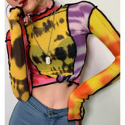 Colorful Hipster Women Turtleneck T-shirt 2021 Autumn Lady Thin Transparent Contrast Color Sexy Basic Tshirt Fashion Outdoor Top