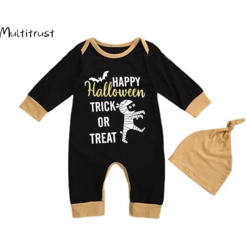 Baby Halloween Clothes O-Neck Long-Sleeves Rompers with Cartoon Bat Zombie Printing + Solid-Color Hat for Toddler Boy 0-12 M