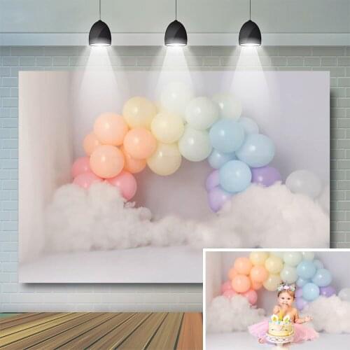 Baby Colourful Balloon Themed Backdrop Kid Portrait Cake Smash 1st Birthday Background Children White Clouds Decor Photostudio