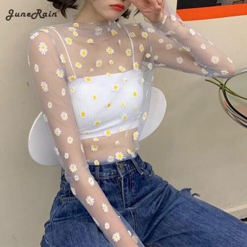 JuneRain Korean Style Mesh Top Daisy Under Shirt Vintage New Harajuku Aesthetic Cute Lace Flower Tshirt Long Sleeve Mesh Tops