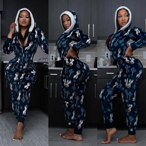 Women Christmas Print Onesis Jumpsuit Sleepwear Casual Style Long Sleeve Zipper Hooded Romper Cute Female Nightwear Onsies New