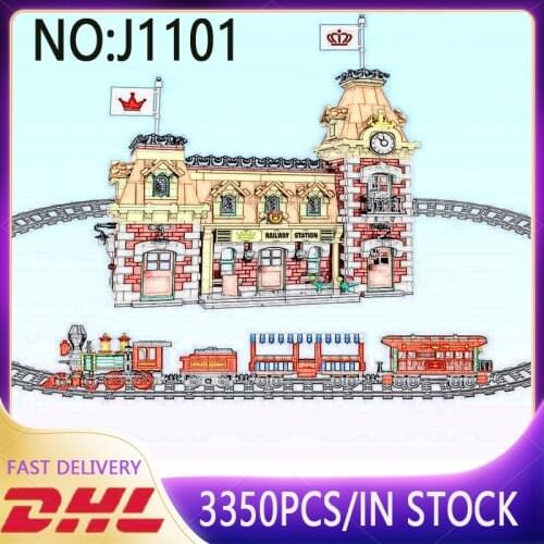 J11001 Battery Powered Train and Station Building Blocks Bricks Compatible with 71044 Educational Toy for Kids Birthday Gift