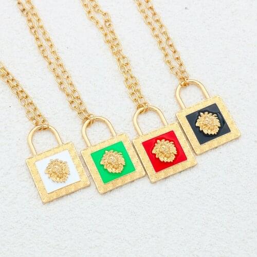 GSOLD Cool Fashionable Exaggerated Black Enamal Lion Head Pendant Necklace Lock Pendant Long Geometric Metal Animal Necklace
