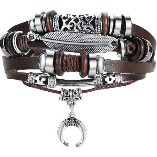 Yobest BOHO Leaf Feather Multilayer Leather Bracelet Moon Charms Beads Bracelets for Men Vintage Punk Wrap Wristband Geometric