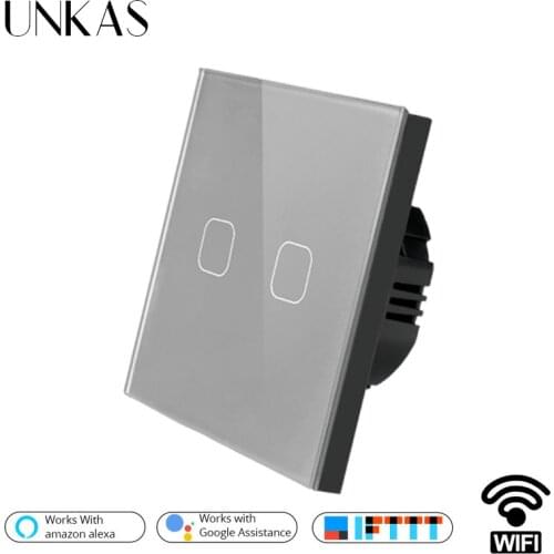 UNKAS Gray Panel EU Standard Tuya/Smart Life/ewelink 2 Gang 1 Way WiFi Wall Light Touch Switch for Google Home Amazon Alexa