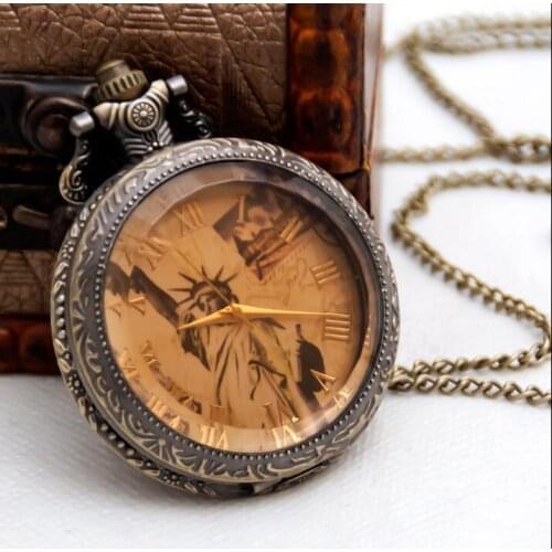 New Statue of Liberty Glass its light brown Vintage Fashion quartz woman gift Necklace pocket watch 45MM