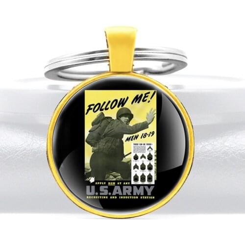 2020 New Fashion Gold Color US Army Design Glass Dome Charm key Chains Men Women Key Ring Jewelry Gifts