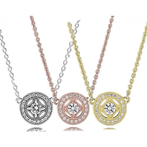 Original Rose Gold Allure Collier With Crystal Chain Necklace For 925 Sterling Silver Bead Charm Bracelet Europe DIY Jewelry